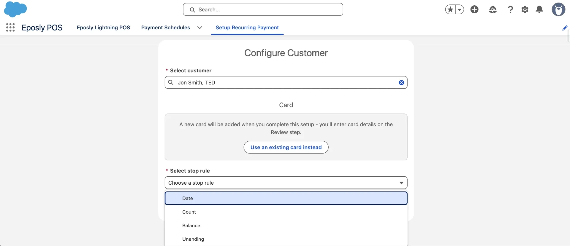 Choosing the card and the stop rule: Date, Count, Balance or Unending