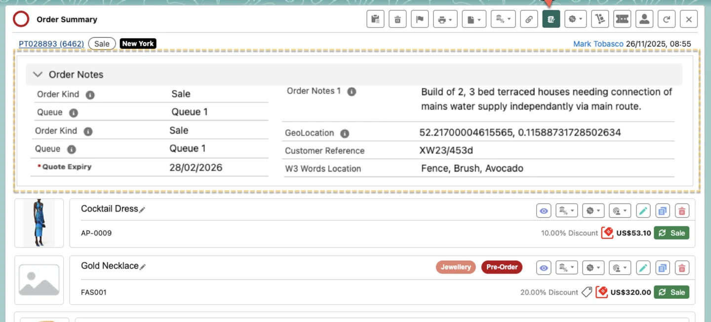 Configurable order-notes fields on an order, quoting example