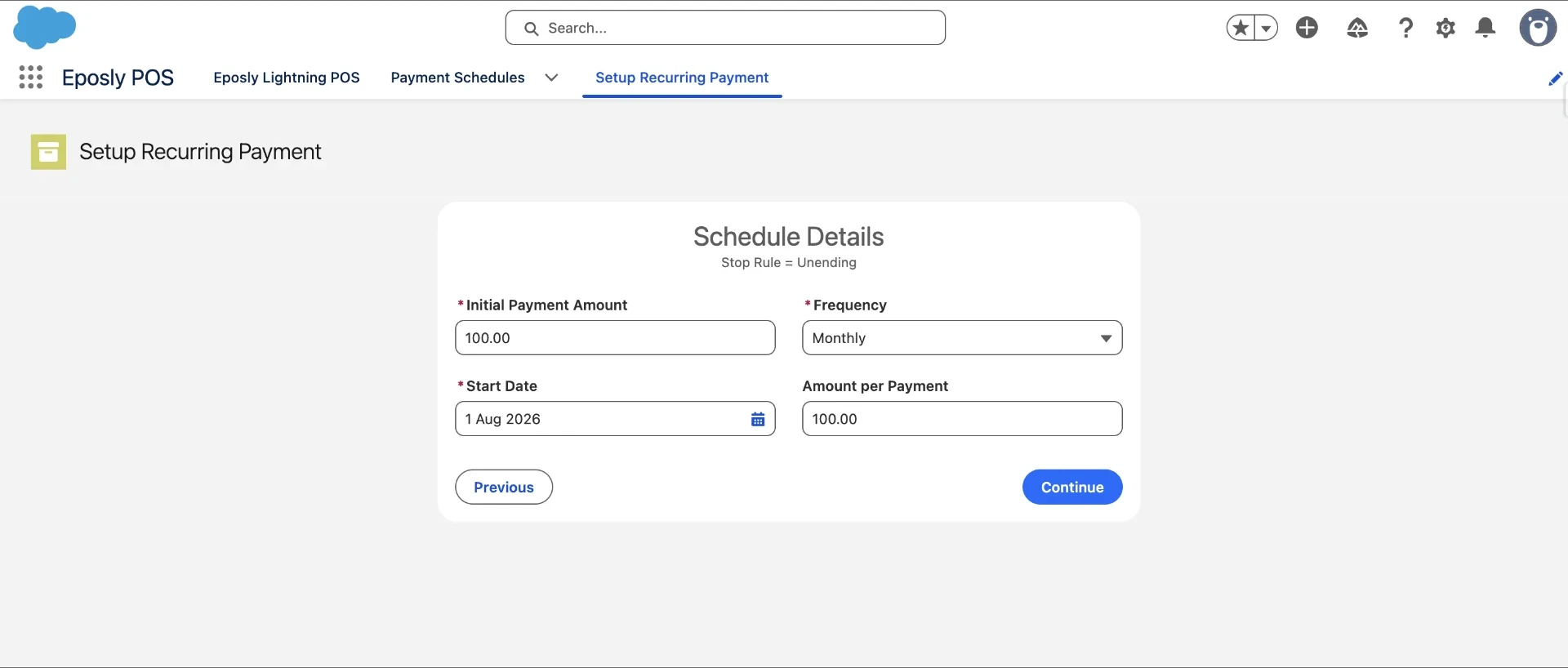 Entering the schedule details: initial amount, frequency, start date and amount per payment