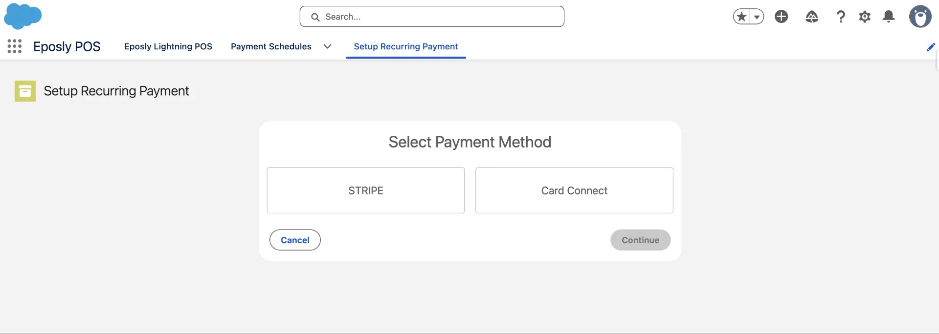 Selecting the payment method, Stripe or Card Connect