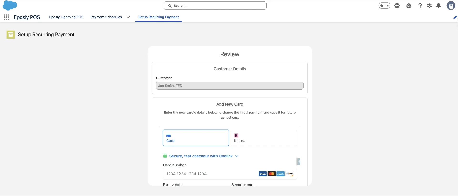 Reviewing the customer, card and schedule, and taking the first payment