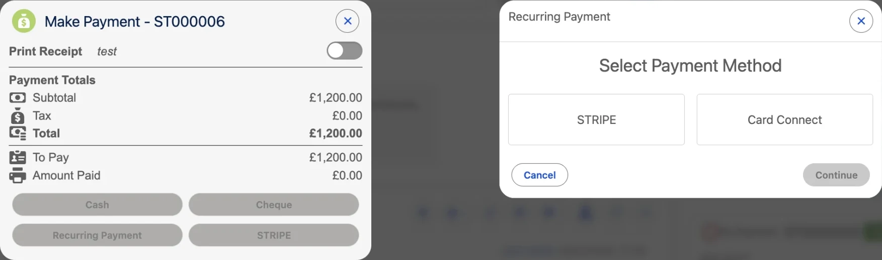 Make Payment on a point-of-sale order, choosing Recurring Payment and the gateway