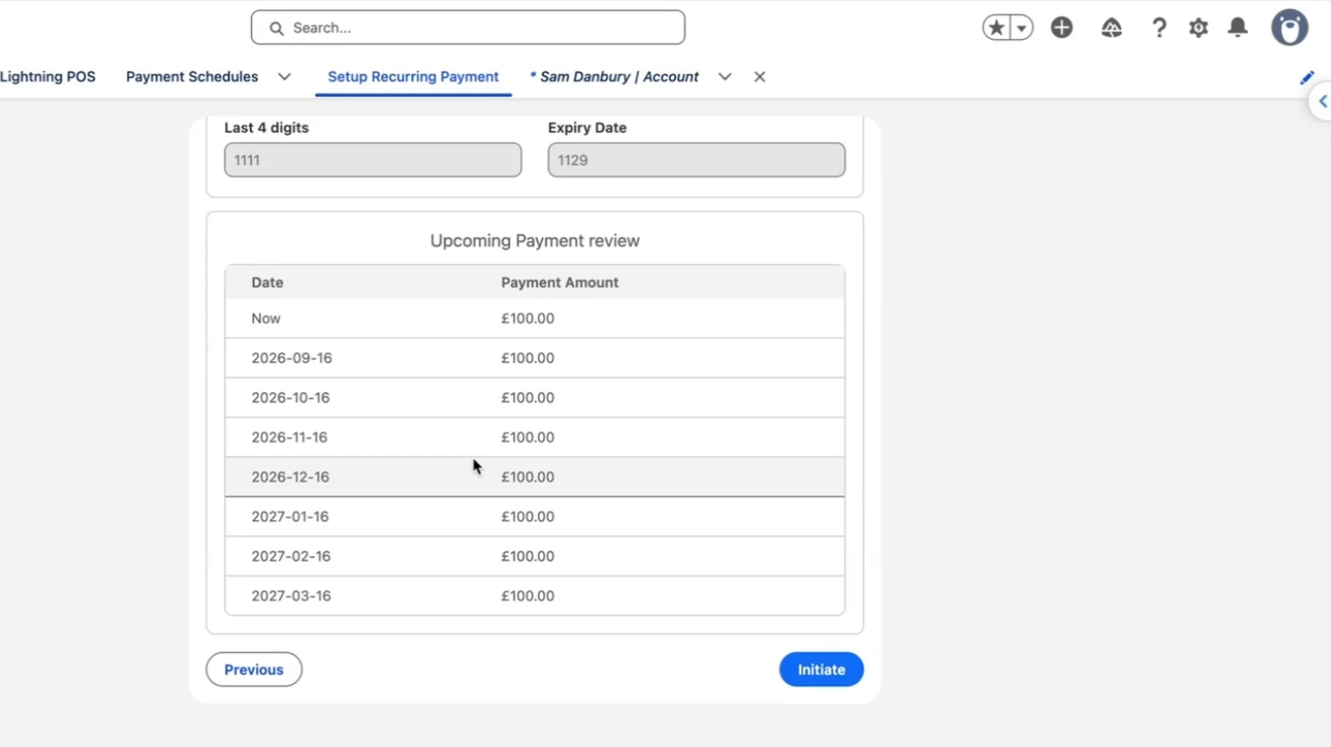 A recurring payment schedule in Salesforce showing upcoming collection dates and amounts
