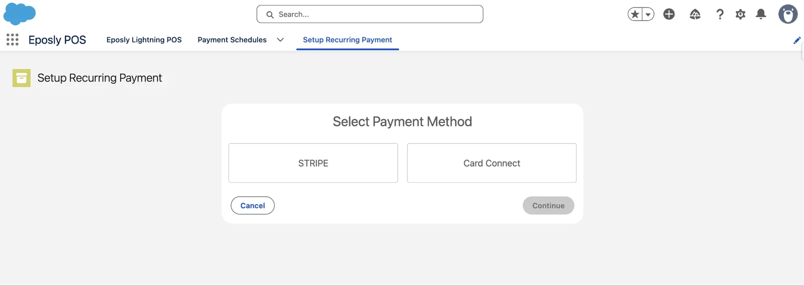 Setup Recurring Payment screen in Salesforce with the payment method selection