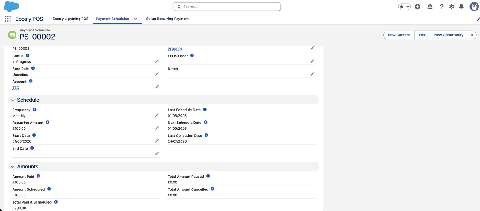 Payment Schedule record in Salesforce showing status, schedule dates and amounts