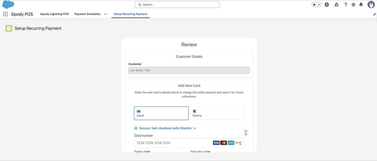 Review step showing customer details and card entry before the schedule is created