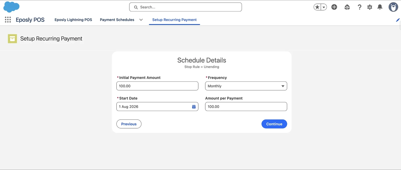 Schedule details with initial payment amount, frequency, start date and amount per payment