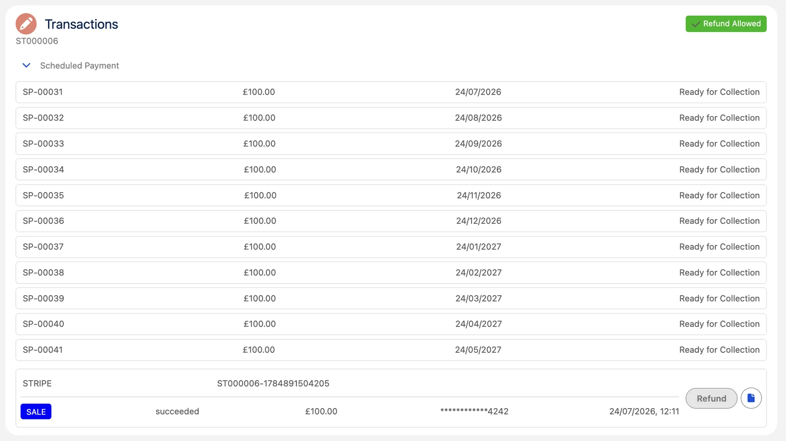 Transactions view listing scheduled payments ready for collection and a completed payment