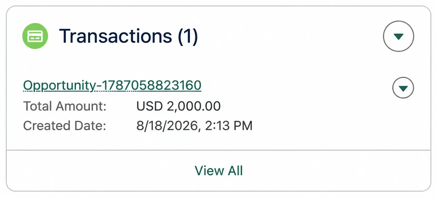 A completed payment recorded in the Transactions list on the Salesforce record