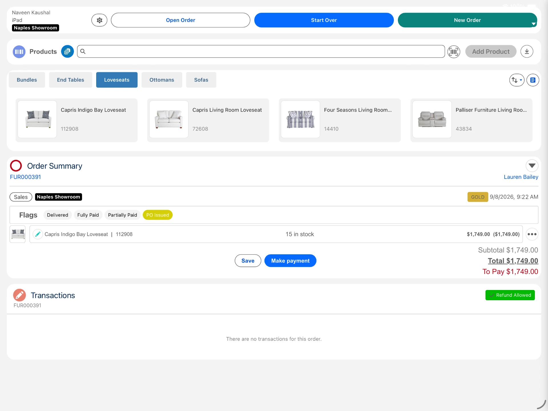 A furniture order in Eposly on iPad, with the customer and her loyalty tier on the order