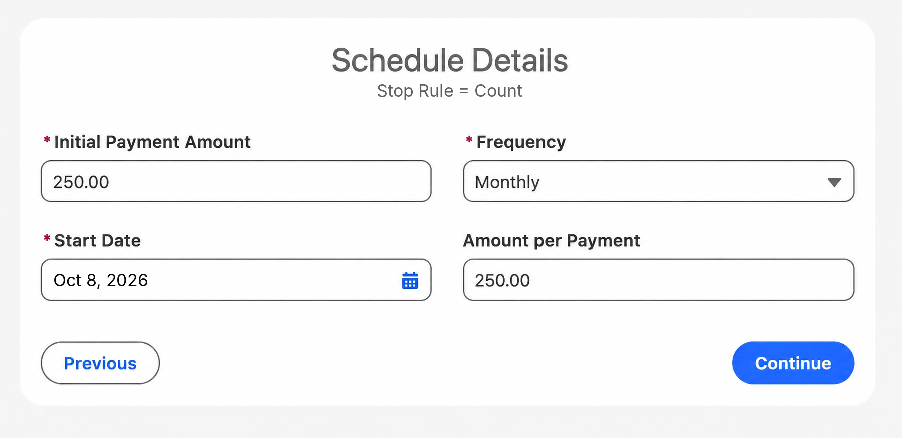 Schedule details: frequency, start date and amount per payment