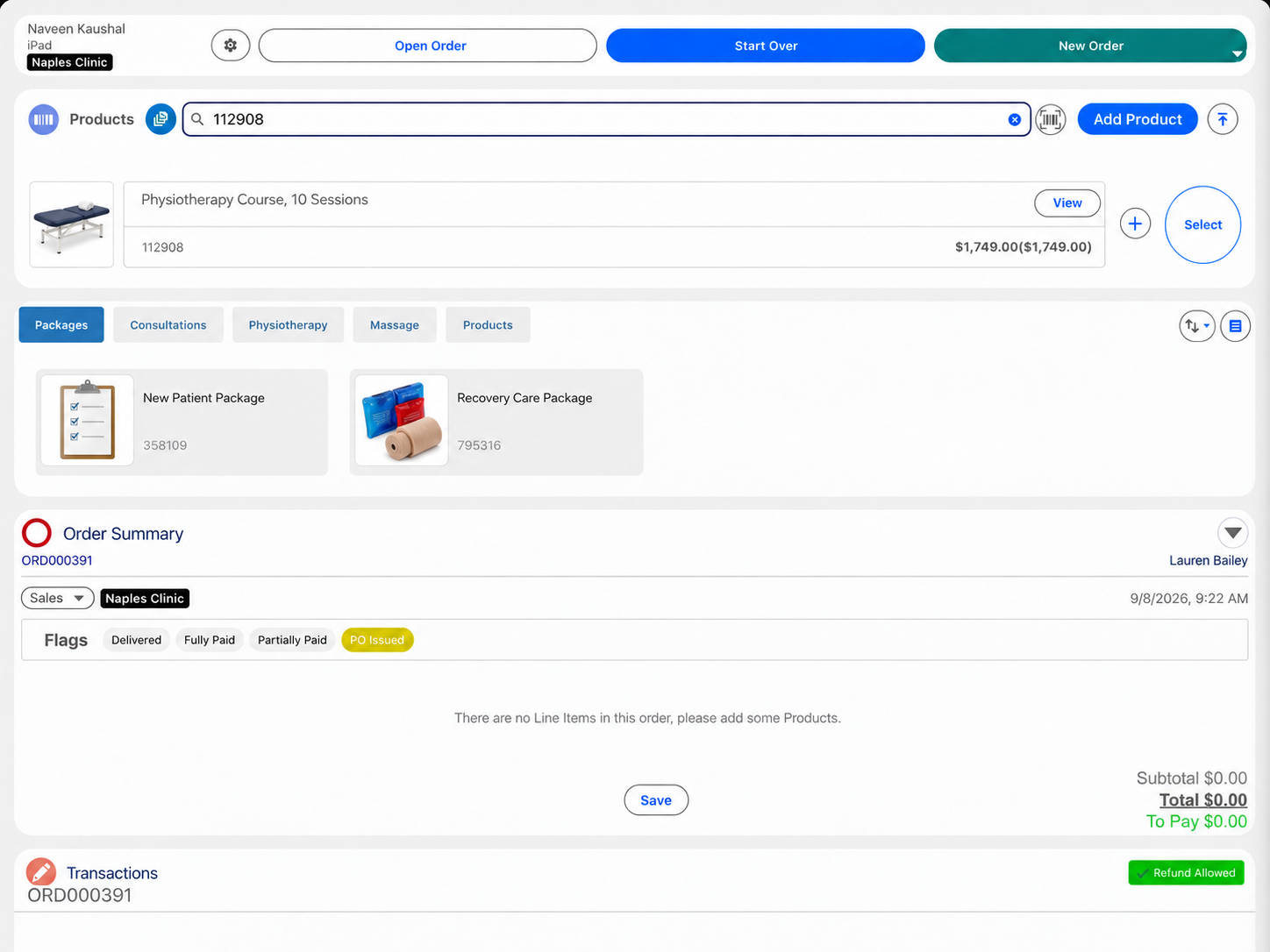 Finding a service while starting a customer's order in Eposly