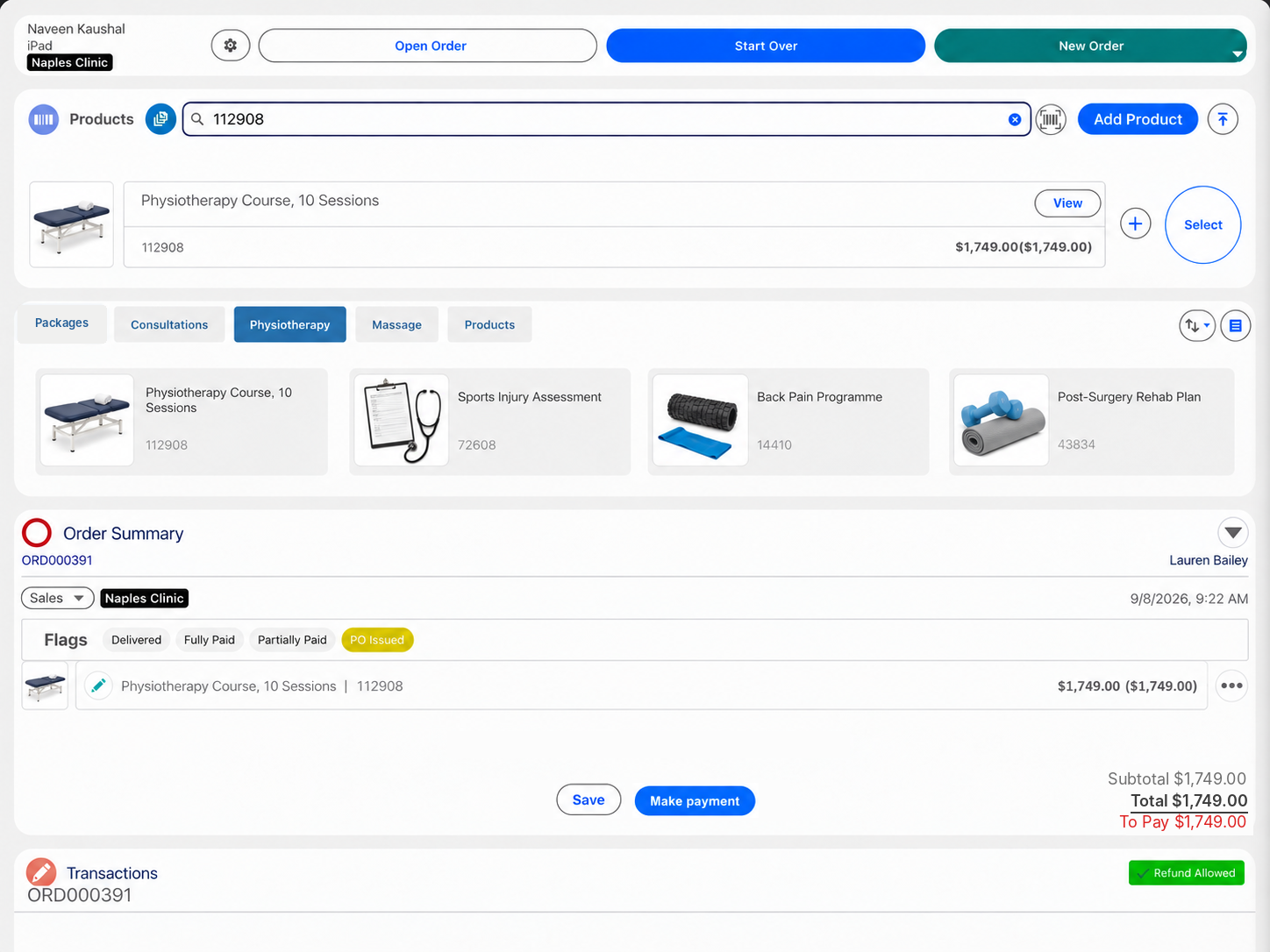 A service package on a customer's order in Eposly on iPad