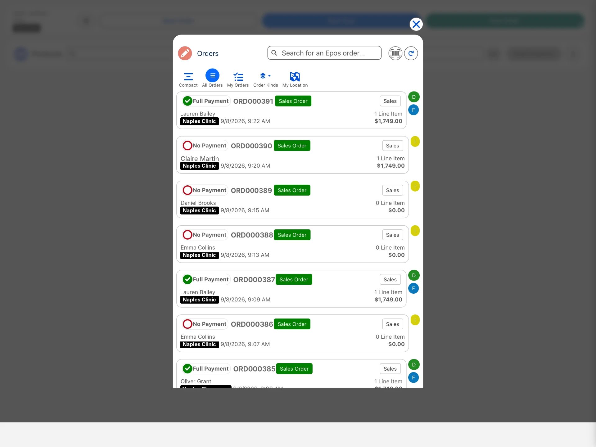 The order with its payment status in the Eposly order list