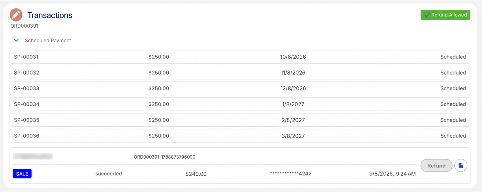 The payments on the order in Salesforce