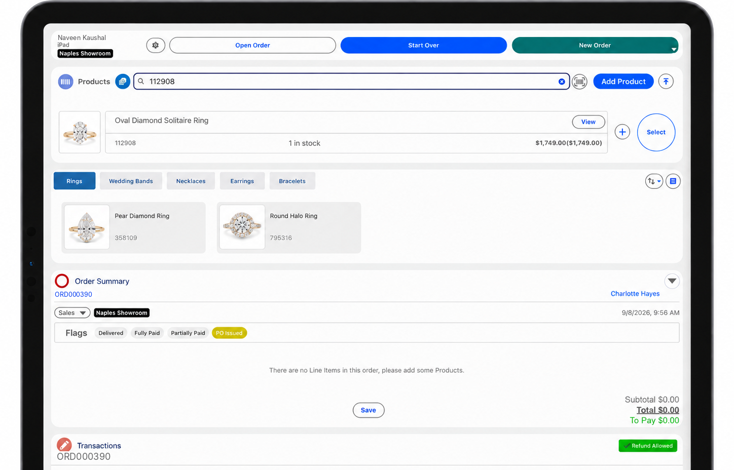 A configured item in the Eposly cart with a recorded staff price adjustment