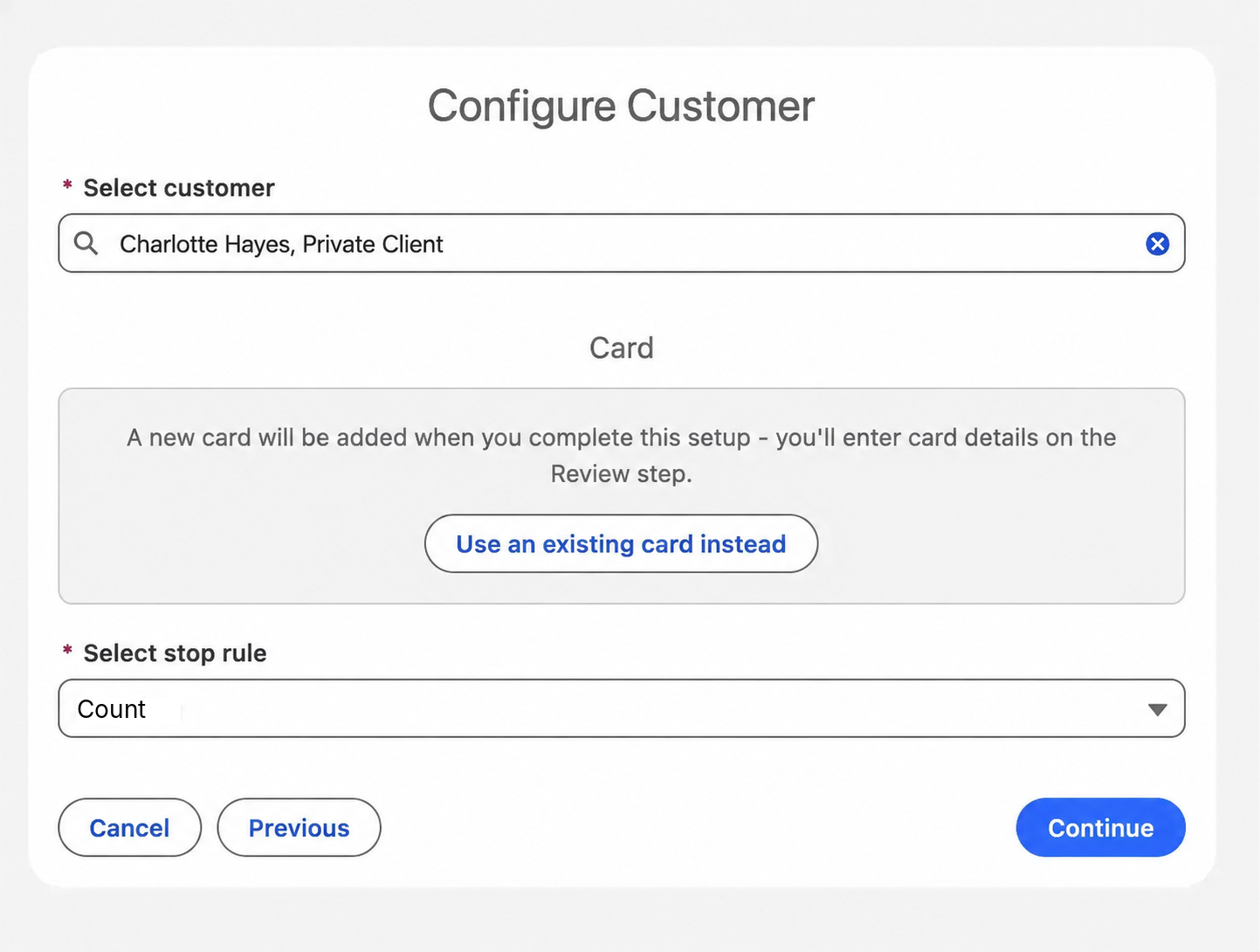 Setting up scheduled card payments on a client's saved card in Eposly