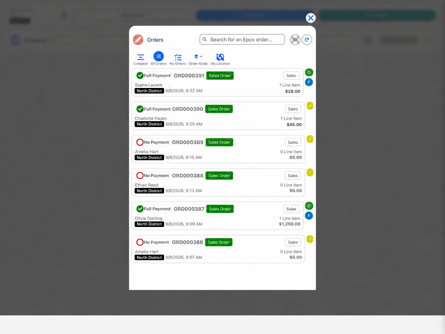 The paid order in the office's order list in Eposly