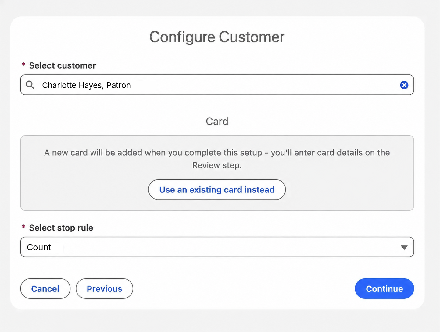 Setting up scheduled card payments on a supporter's saved card in Eposly