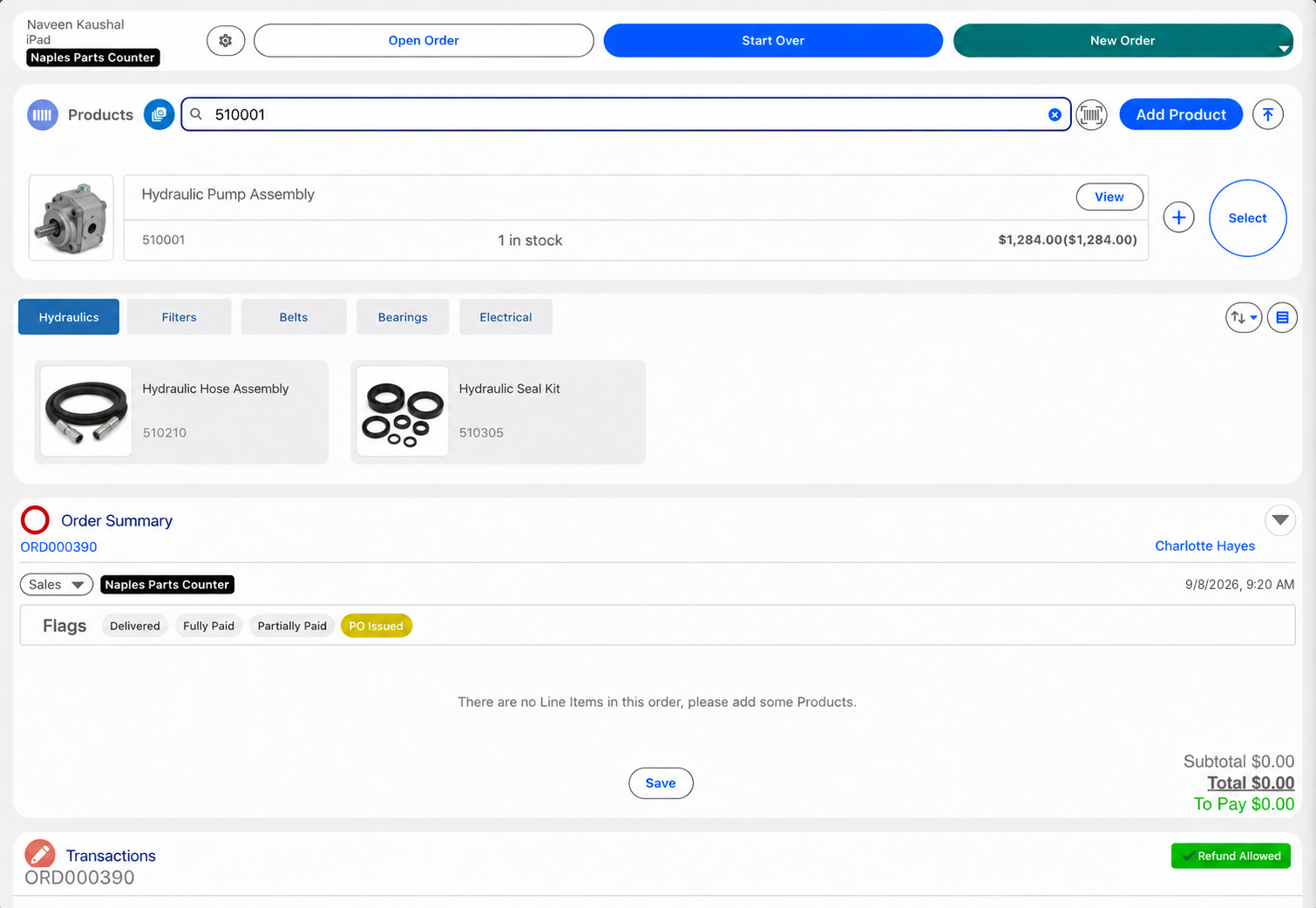 Opening the customer's account and finding a part in Eposly