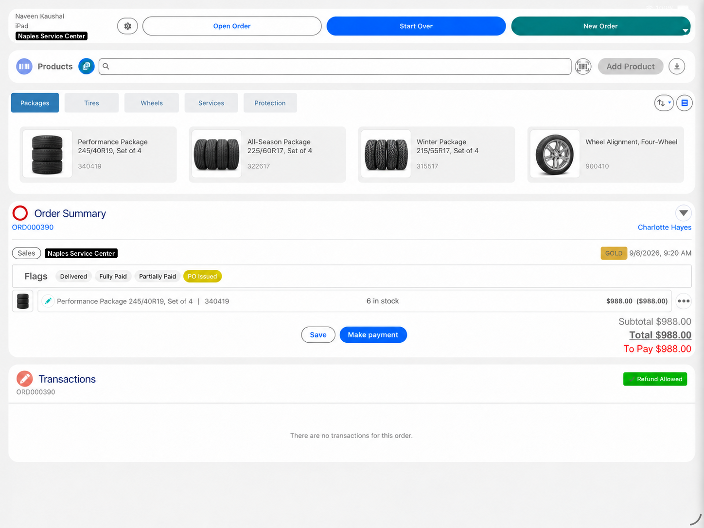 A tire and installation package on a member's order in Eposly on iPad