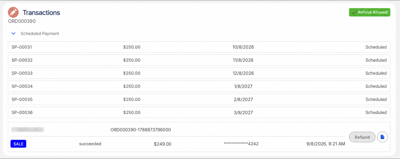 The order and its payments on the client record in Salesforce