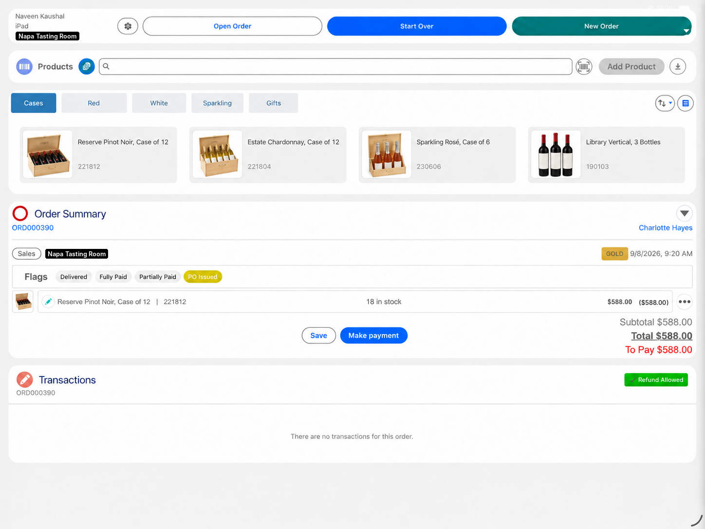 A case of reserve wine on a club member's order in Eposly on iPad, with her club tier on the order
