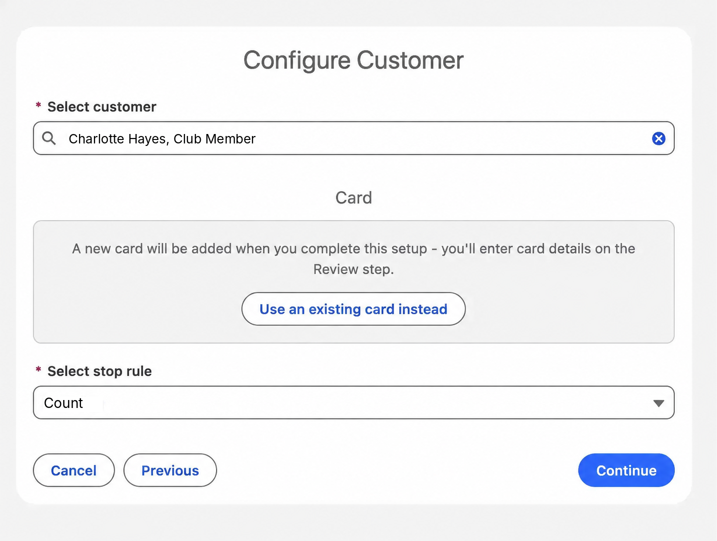 Setting up scheduled club payments on a member's saved card in Eposly
